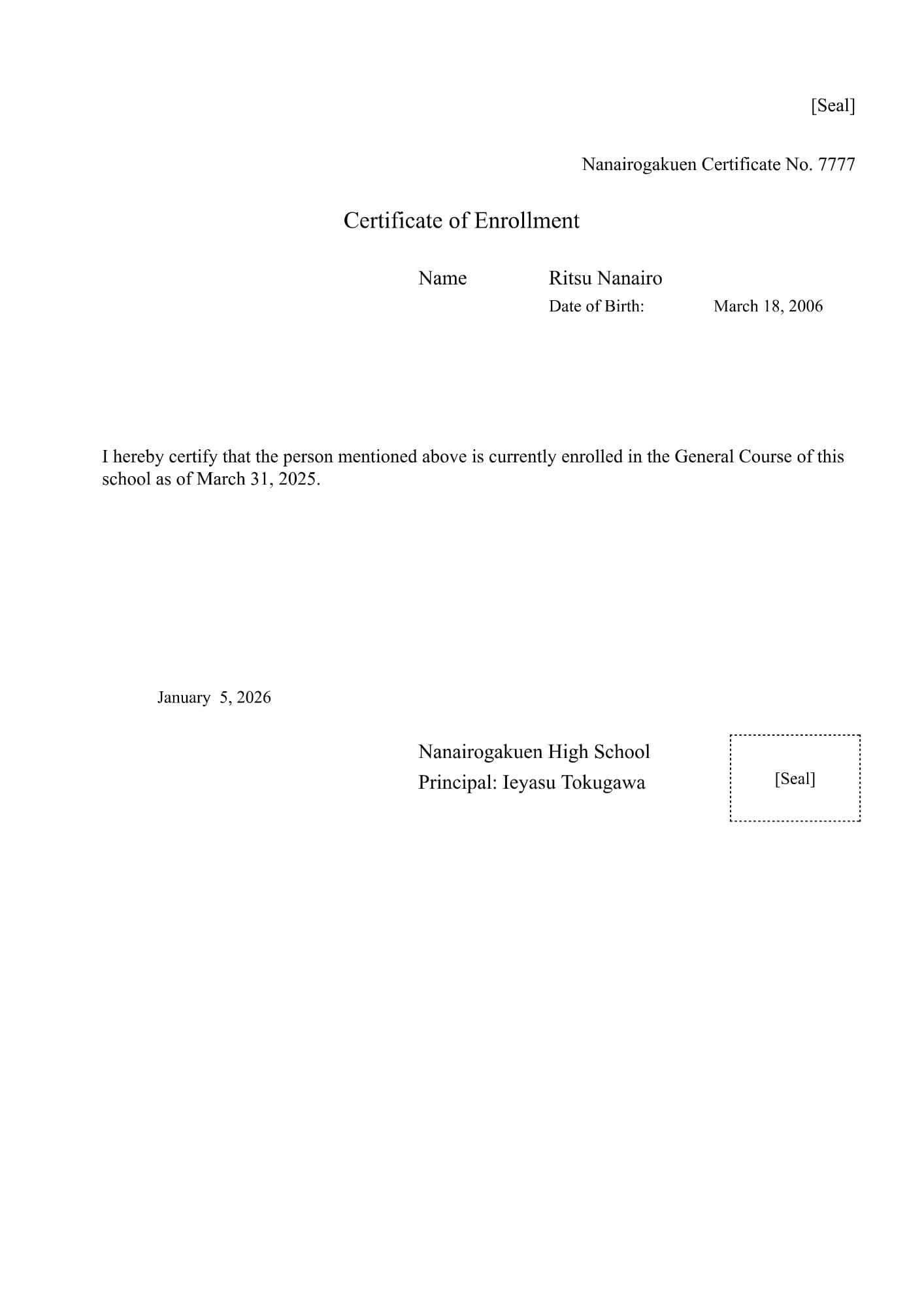 【在学証明書の翻訳】Certificate of Enrollment｜行政書士の翻訳証明書付き｜在学証明書の英語翻訳サンプル | なないろ証明書翻訳